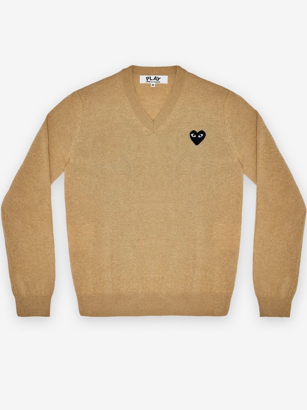 Play Comme Des Garcons Sweater Mens Medium Camel Heart-Patch Wool Knit V Neck